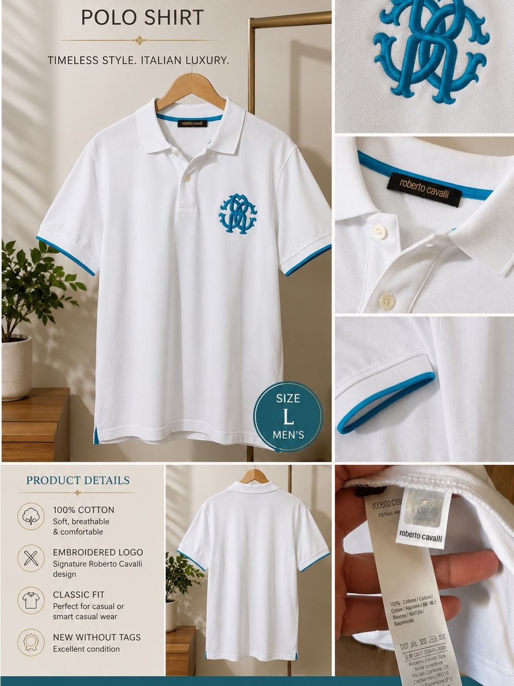 Roberto Cavalli White Polo Shirt with Black Size Tag